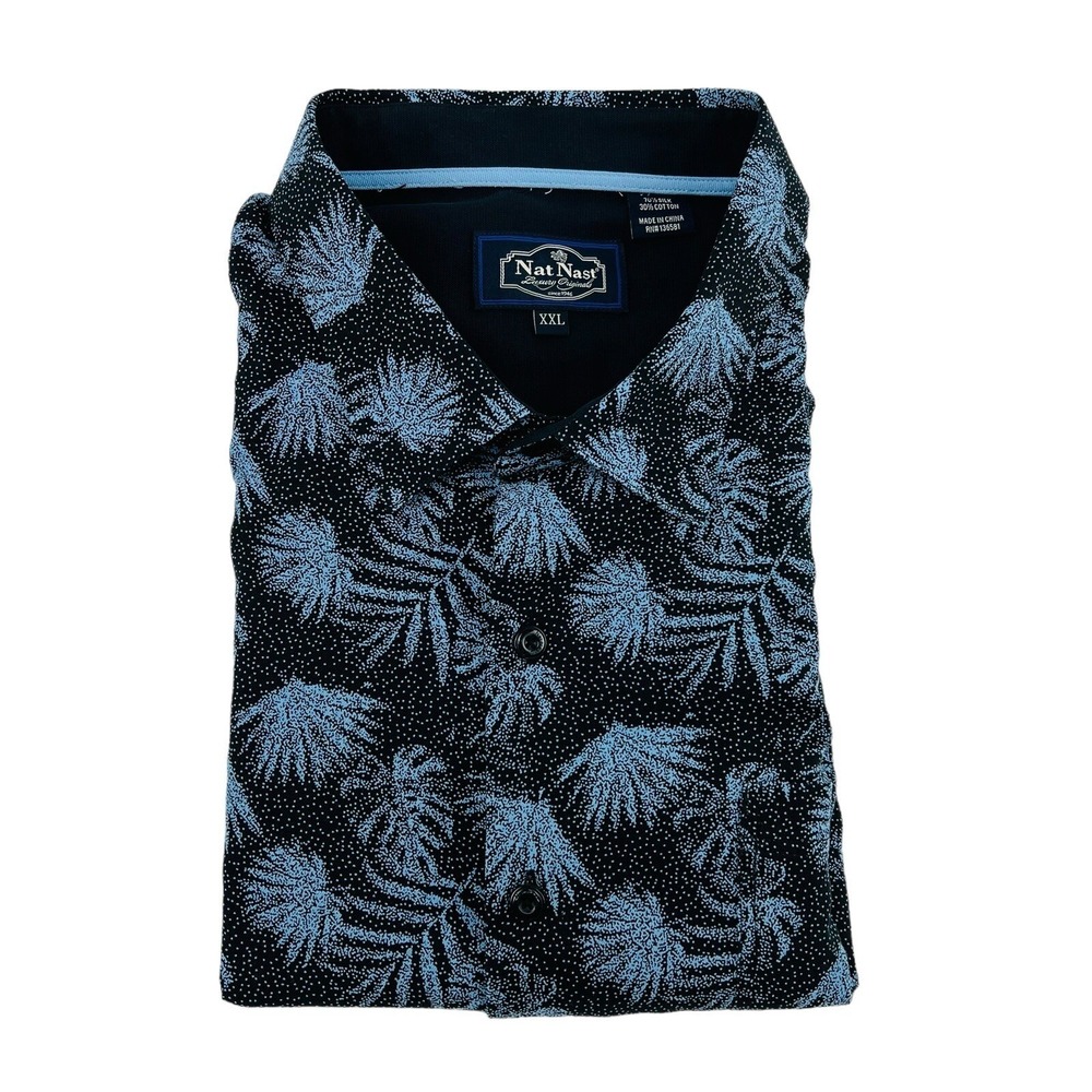 Nat Nast Black w/ Blue Palm Leaf Silk Cotton Short Sleeve Button Up Men Size 2XL